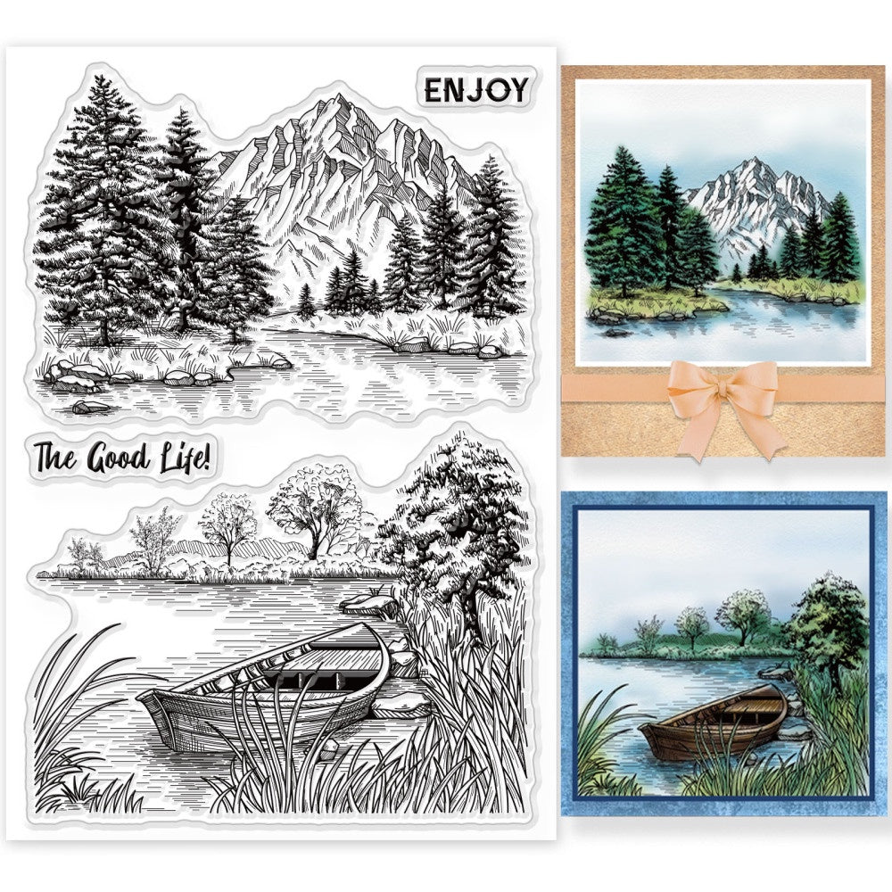 Tree River Lake Boat Landscape Clear Stamp Set