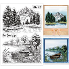 Tree River Lake Boat Landscape Clear Stamp Set