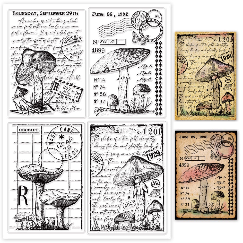 Vintage Mushrooms Background Postcard Stamp Set