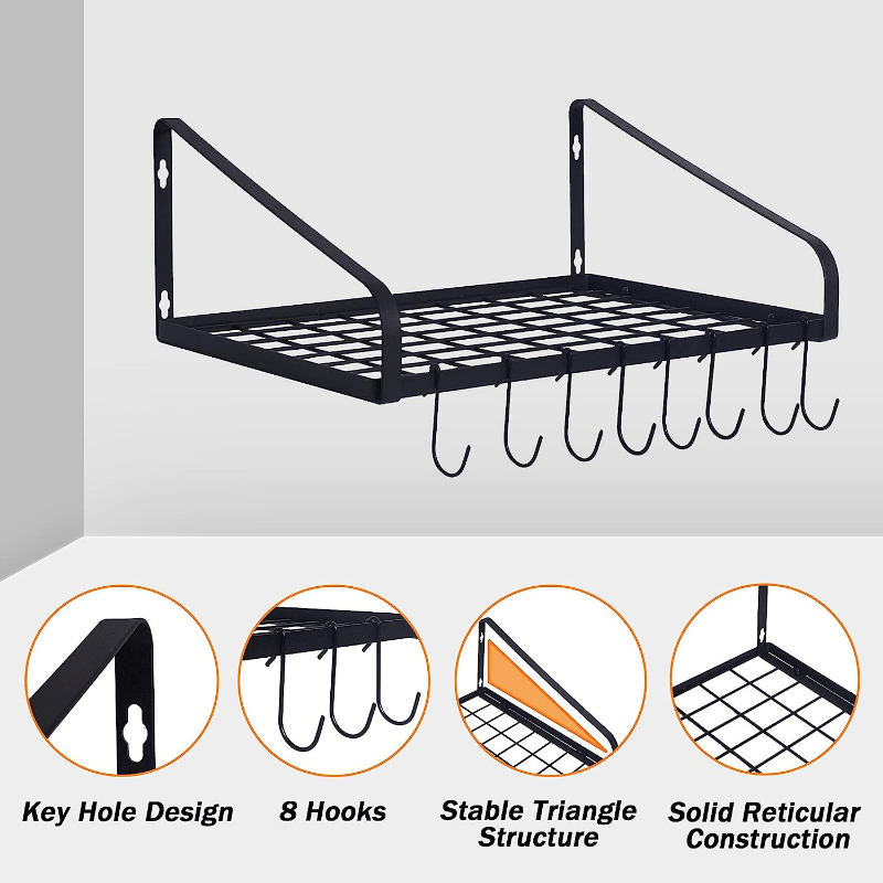 Space Saving Pot and Pan Hanger with 8 Hooks Steel Wall Mounted Rack