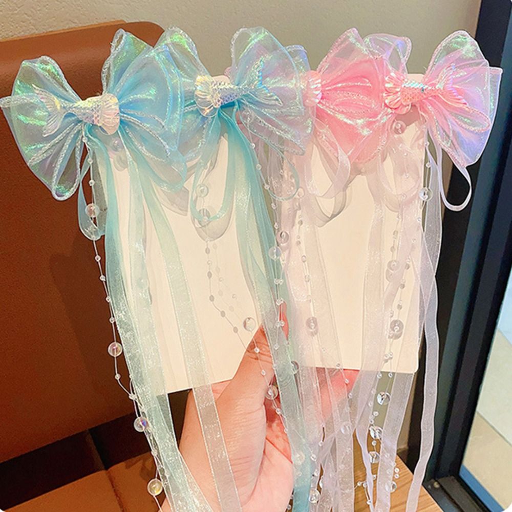 Mermaid Tail Decor Bow Tassel Hair Clips for Baby Girls