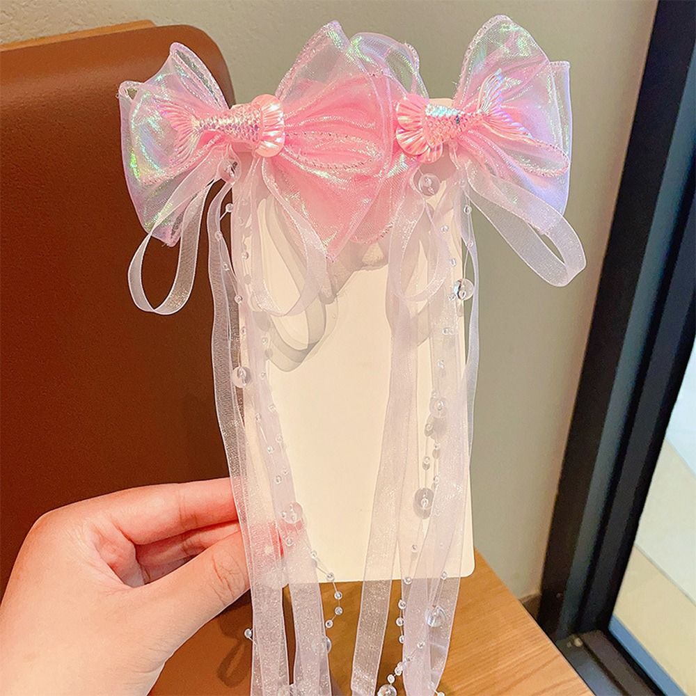 Mermaid Tail Decor Bow Tassel Hair Clips for Baby Girls