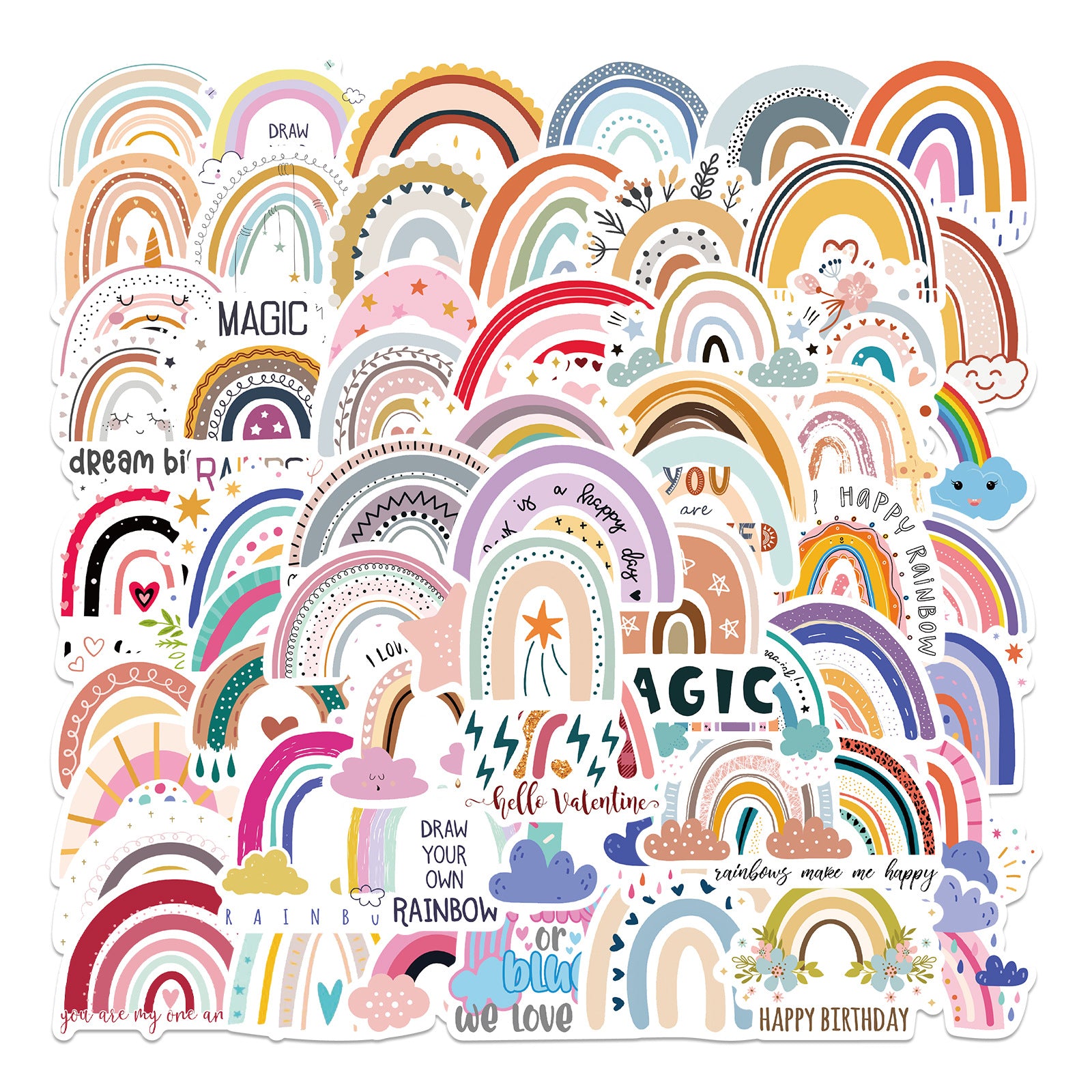 60pcs Cartoon Cloud Stickers Rainbow Vinyl Waterproof Stickers