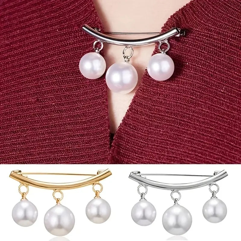 Faux Pearl Neck Tie Pin Buckle Metal Brooch Collar Cardigan Clip