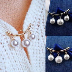 Faux Pearl Neck Tie Pin Buckle Metal Brooch Collar Cardigan Clip