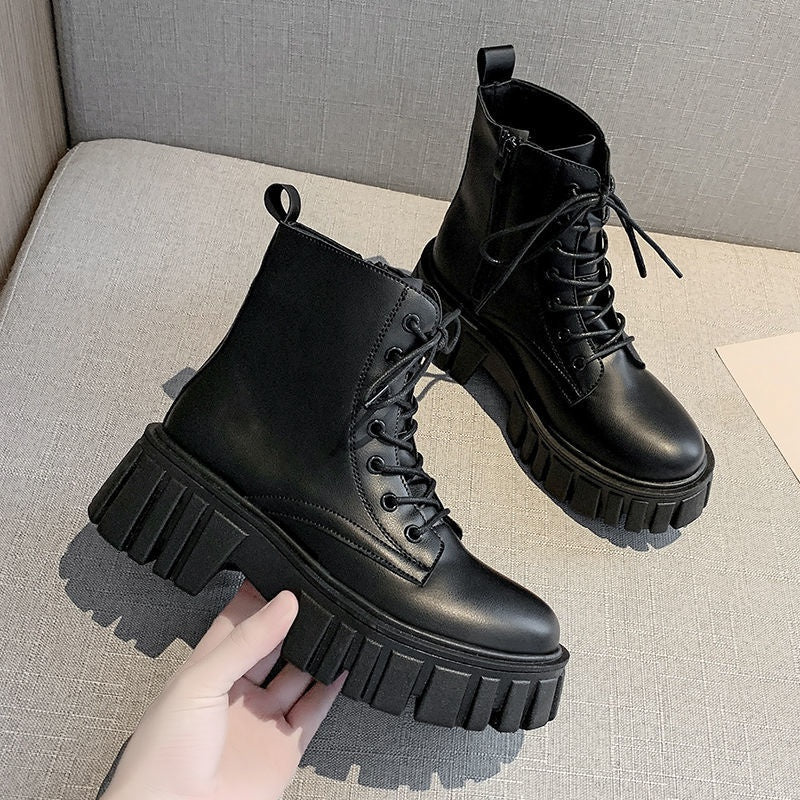 Women's Platform Ankle Boots Lace Up Combat Boots Side Zipper Short Boots