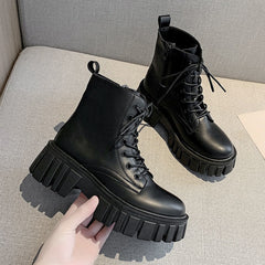 Women's Platform Ankle Boots Lace Up Combat Boots Side Zipper Short Boots