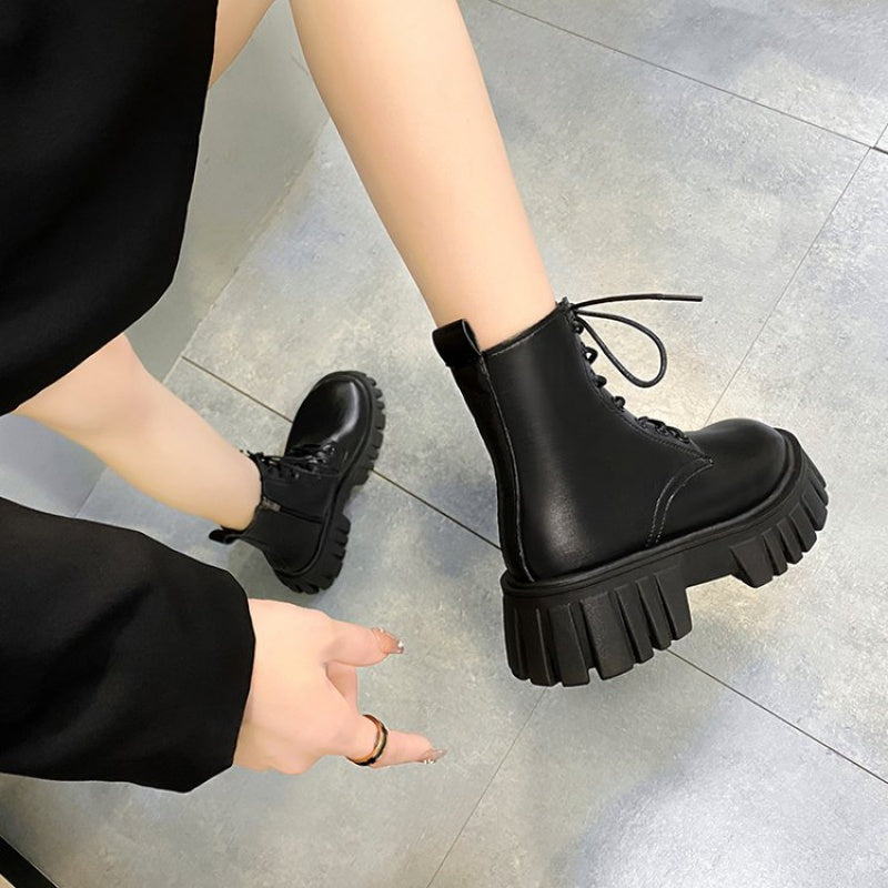 Women's Platform Ankle Boots Lace Up Combat Boots Side Zipper Short Boots
