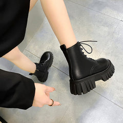 Women's Platform Ankle Boots Lace Up Combat Boots Side Zipper Short Boots