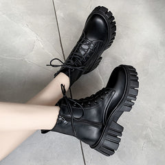 Women's Platform Ankle Boots Lace Up Combat Boots Side Zipper Short Boots