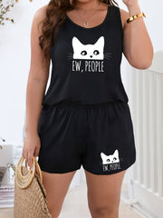 Cat & Letter Print Tank Top & Shorts Pajama Set