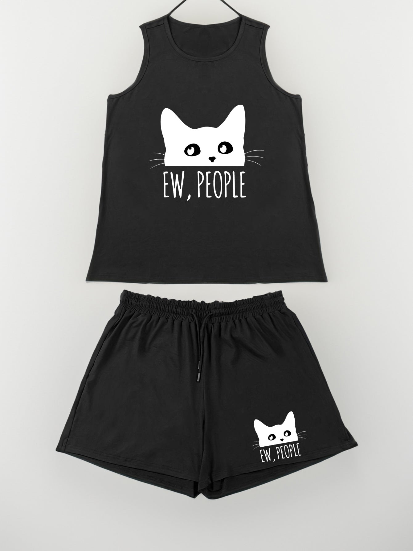 Cat & Letter Print Tank Top & Shorts Pajama Set