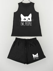 Cat & Letter Print Tank Top & Shorts Pajama Set