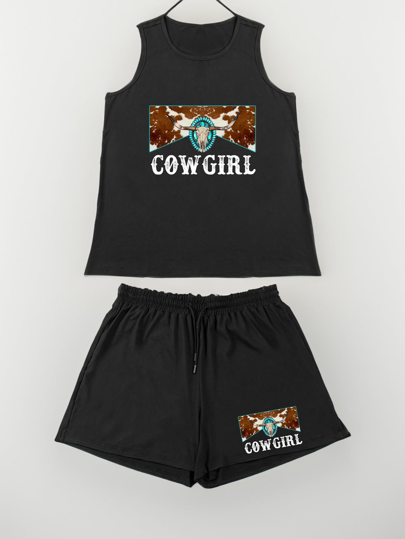 Western Cow Skull Print Tank Top & Shorts Pajama Set