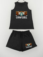 Western Cow Skull Print Tank Top & Shorts Pajama Set