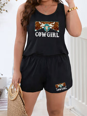Western Cow Skull Print Tank Top & Shorts Pajama Set