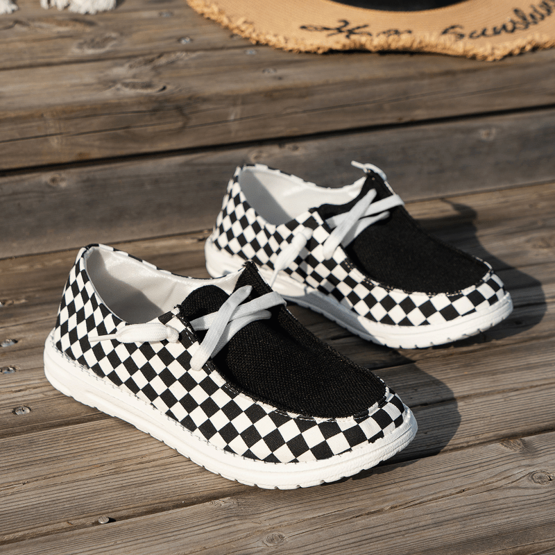 Women's Checkerboard Pattern Canvas Shoes Casual Lace Up Outdoor Shoes