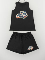 Slogan Print Tank Top & Shorts Pajama Set