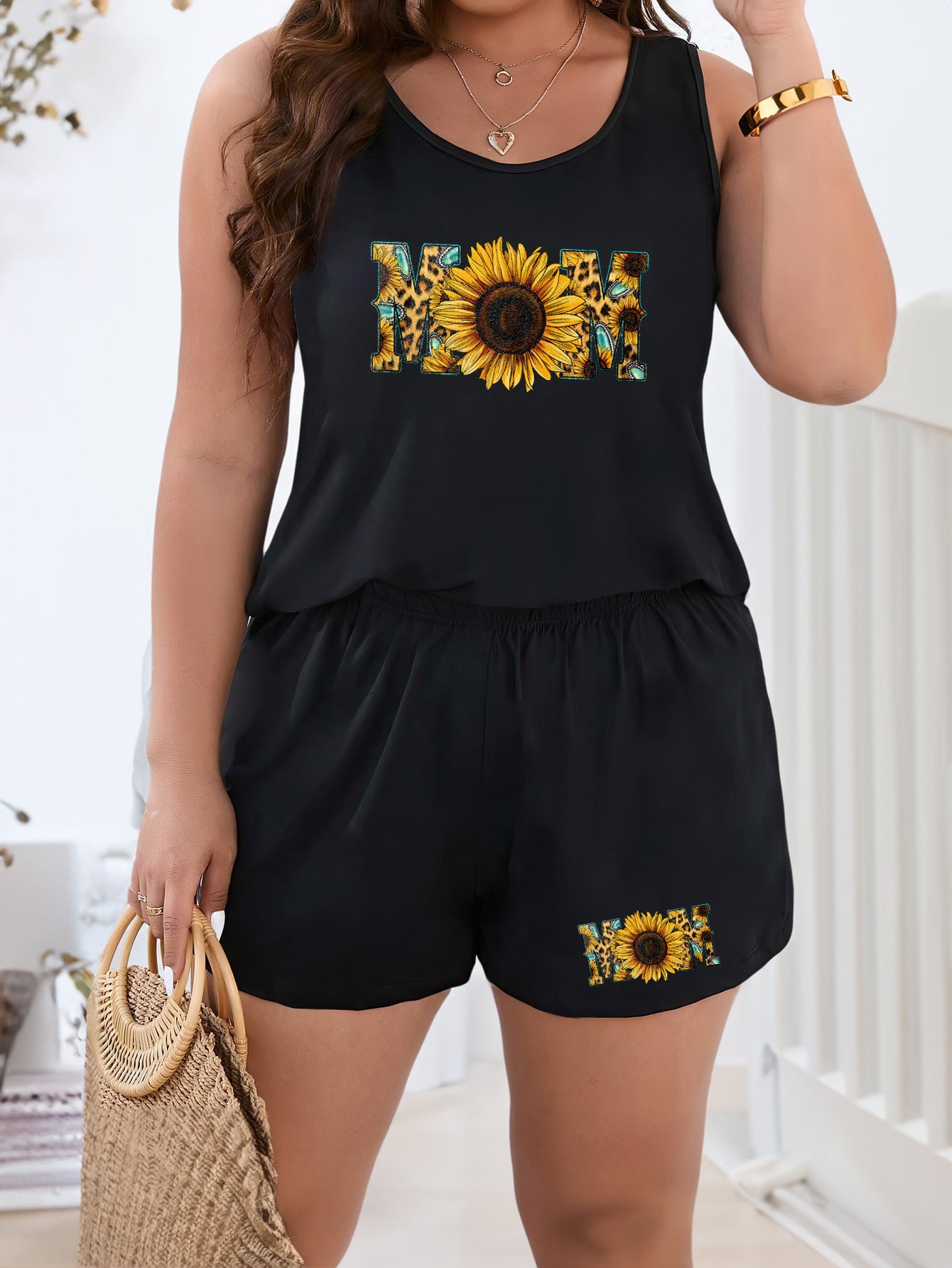 Leopard & Sunflower Print Tank Top & Shorts Pajama Set