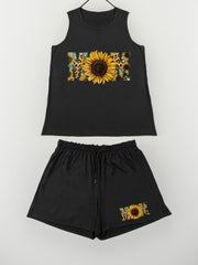 Leopard & Sunflower Print Tank Top & Shorts Pajama Set