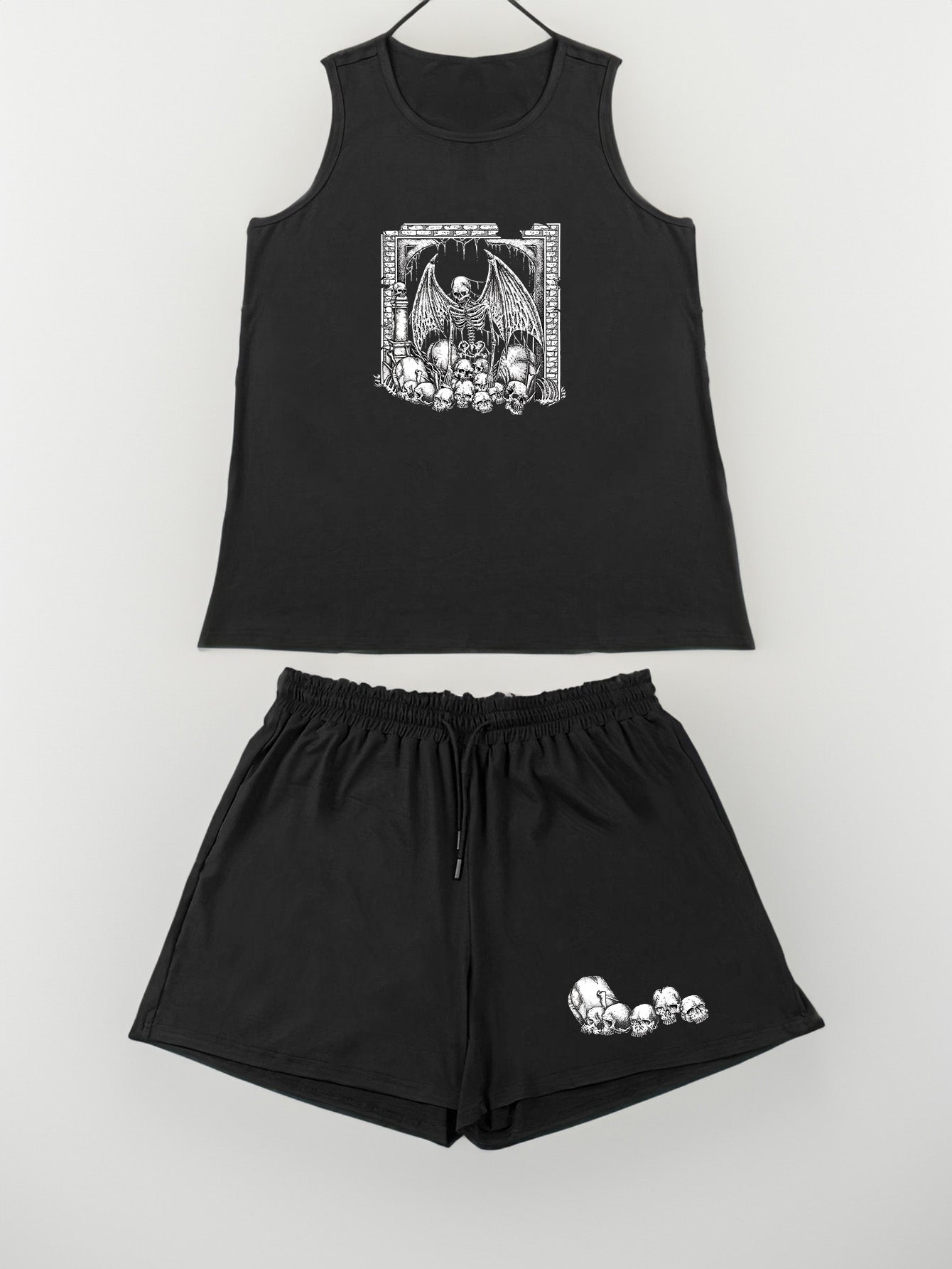 Gothic Skull Print Round Neck Tank Top & Shorts Pajama Set
