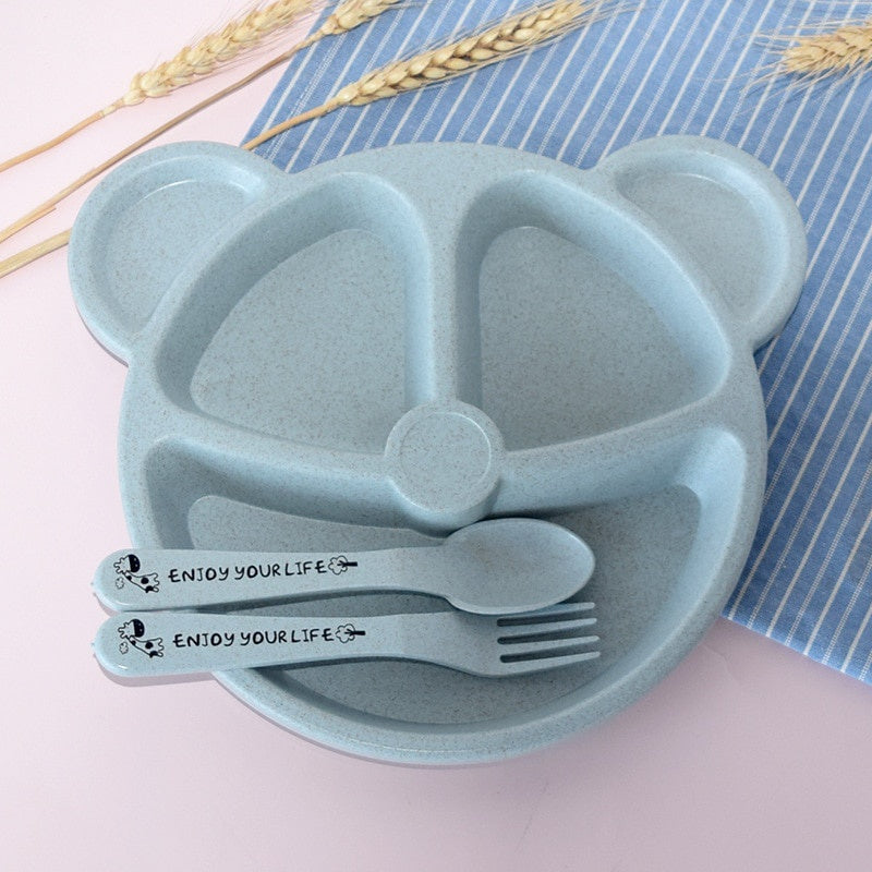 3pcs Baby Bowl Spoon Fork Feeding Cartoon Bear Kids Dishes Training Plate