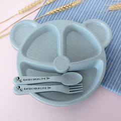3pcs Baby Bowl Spoon Fork Feeding Cartoon Bear Kids Dishes Training Plate
