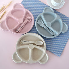 3pcs Baby Bowl Spoon Fork Feeding Cartoon Bear Kids Dishes Training Plate