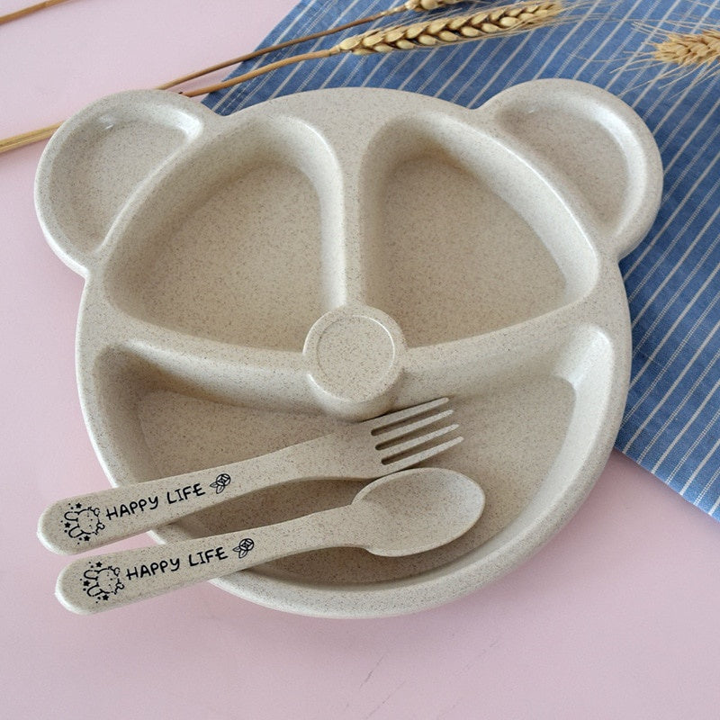 3pcs Baby Bowl Spoon Fork Feeding Cartoon Bear Kids Dishes Training Plate