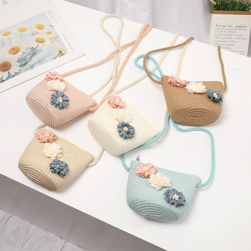 Floral Straw Crossbody Bag Mini Shoulder Beach Messenger Travel Bag