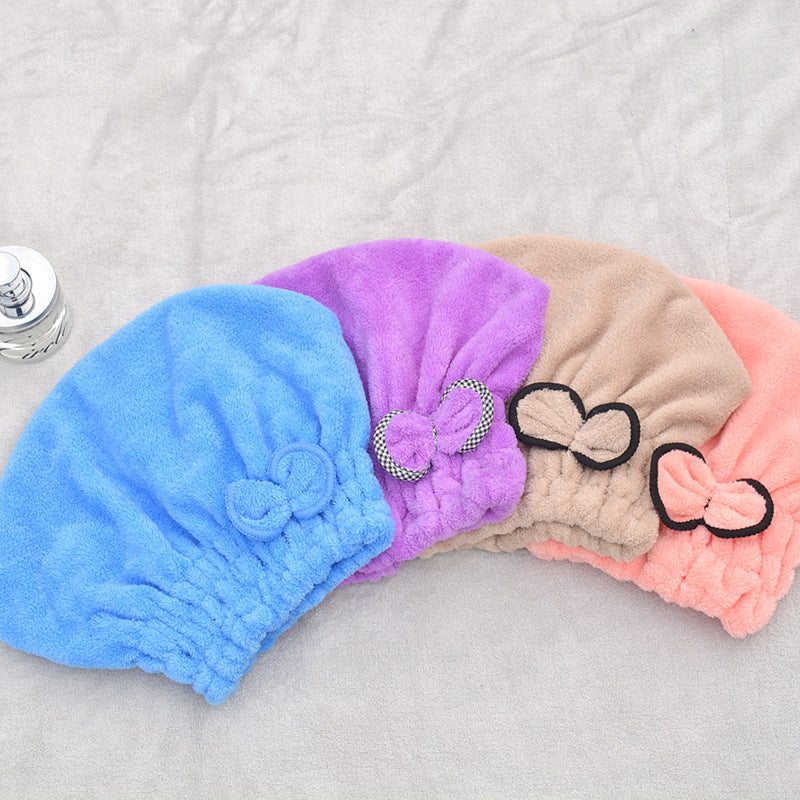 Bow Hair Drying Cap Coral Fleece Towel Women's Soft Absorbent Shower Cap