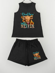 Sunflower & Cow Print Tank Top & Shorts Pajama Set