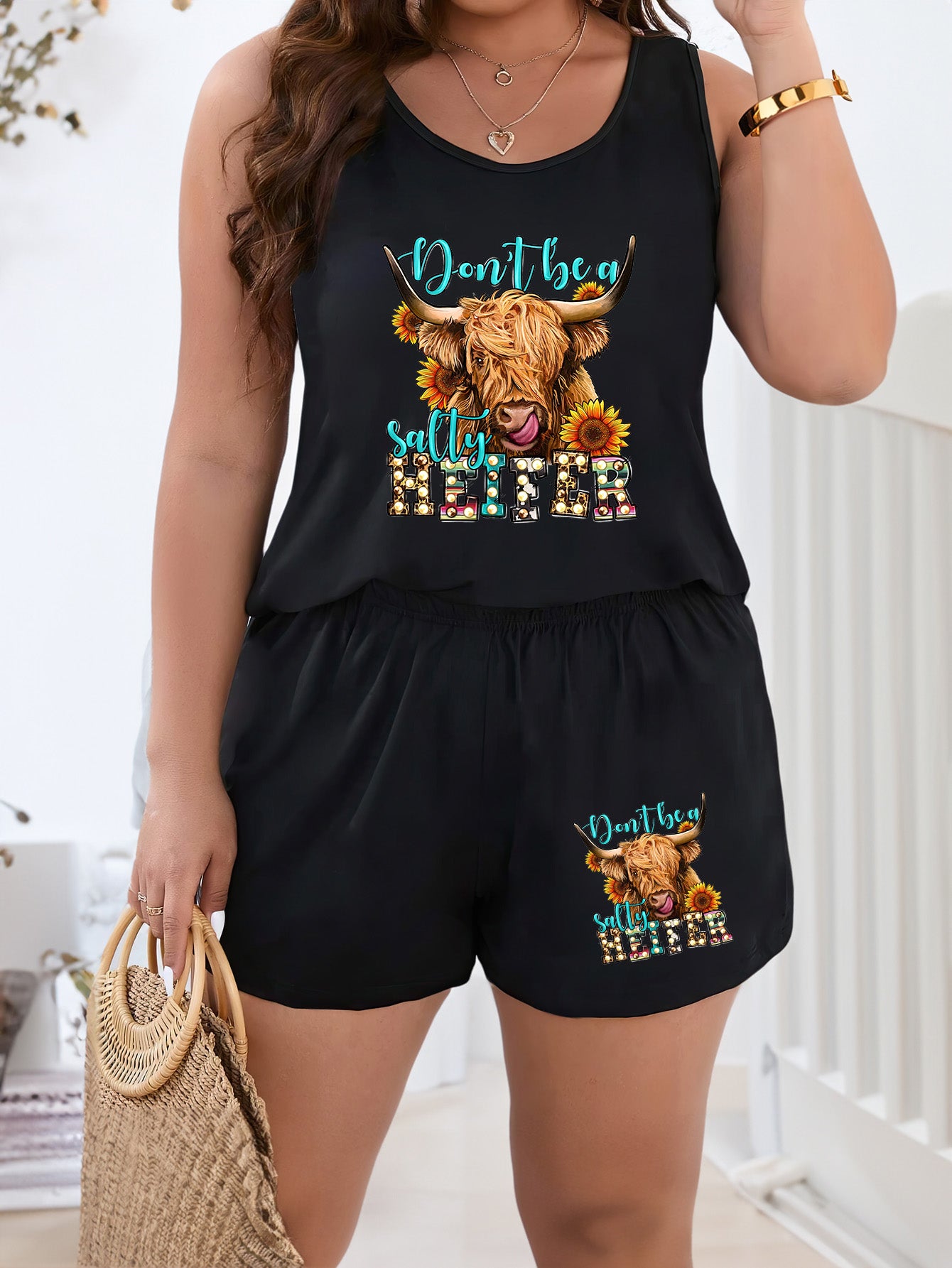 Sunflower & Cow Print Tank Top & Shorts Pajama Set
