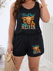 Sunflower & Cow Print Tank Top & Shorts Pajama Set