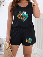 Casual Loungewear Set Women's Plus Leopard Heart & Sunflower Print