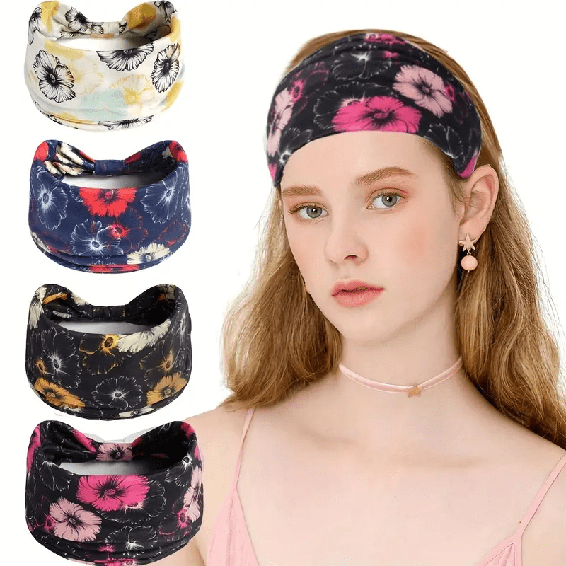 Flowers Pattern Headband Floral Hairband Boho Sports Sweatband For Yoga Running