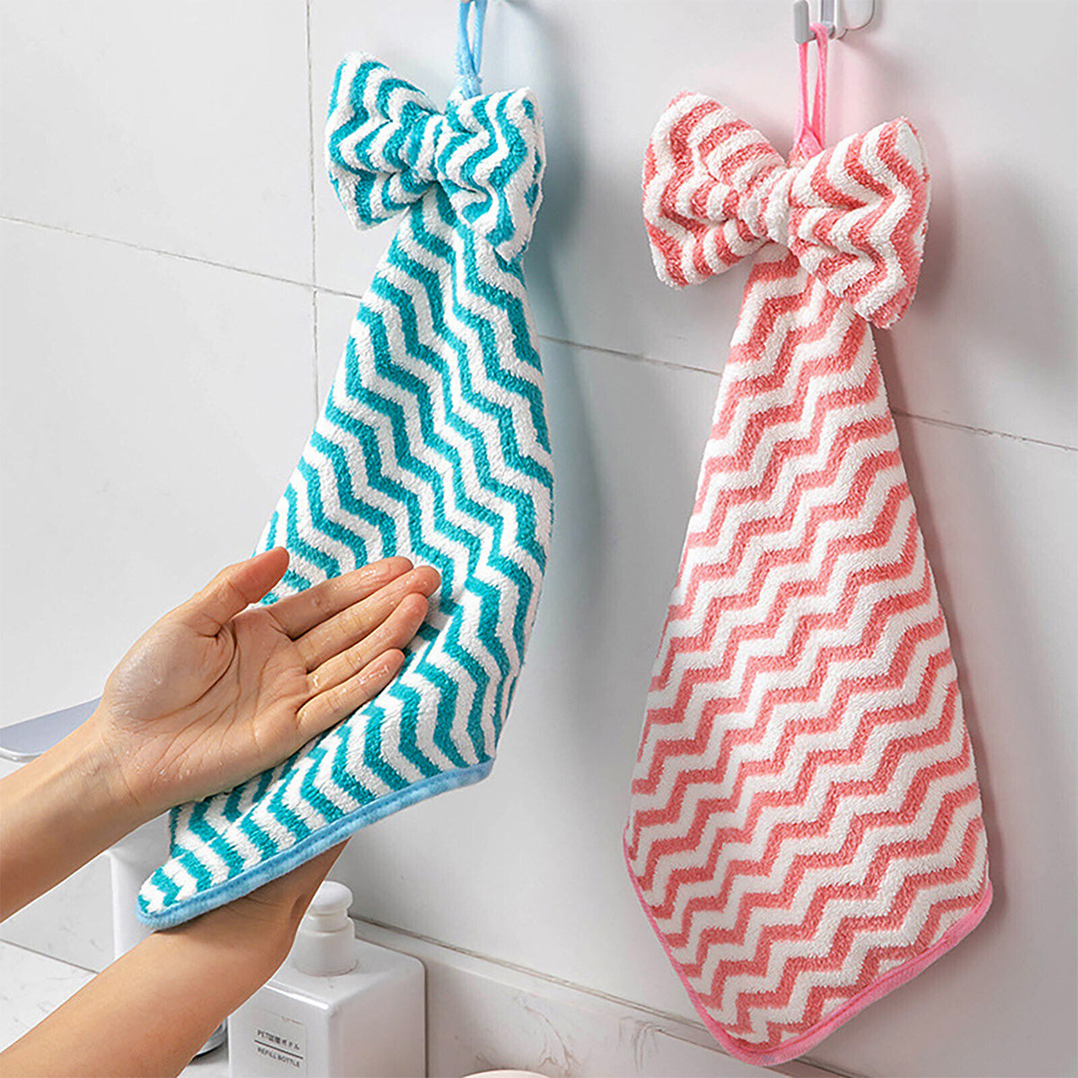 2pcs Striped Hanging Towel Quick Drying Absorbent Soft for Bathroom Kitchen