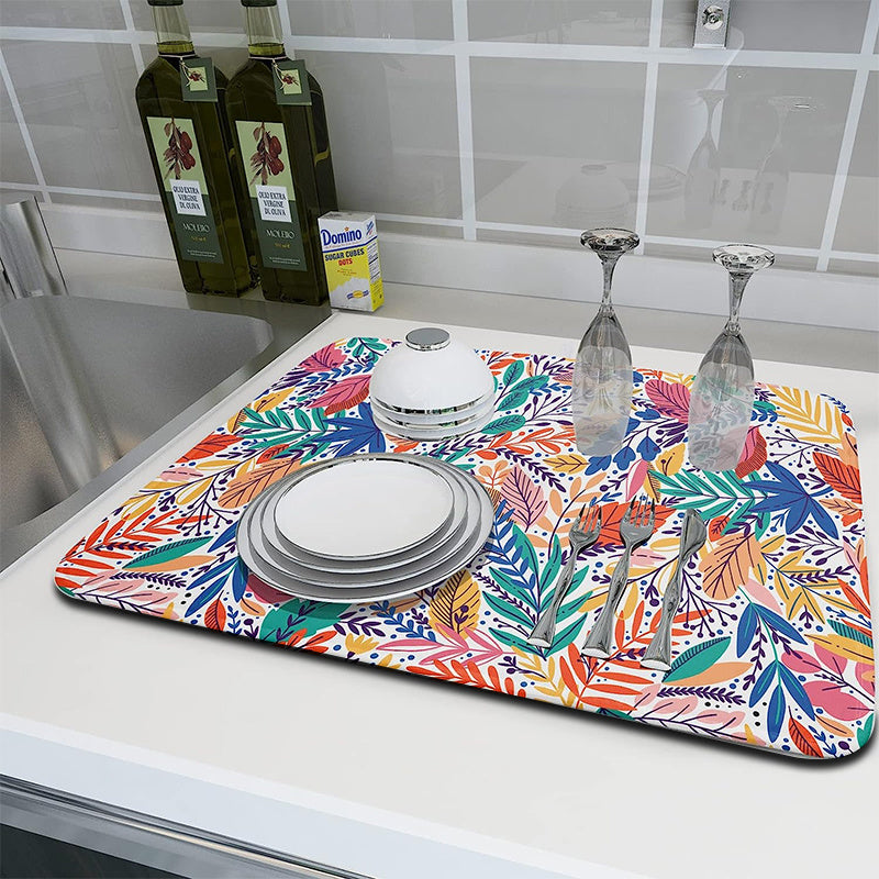 Polyester Drying Mat Kitchen Countertop Drain Pad Tropical Leaf Dish Drying Mat