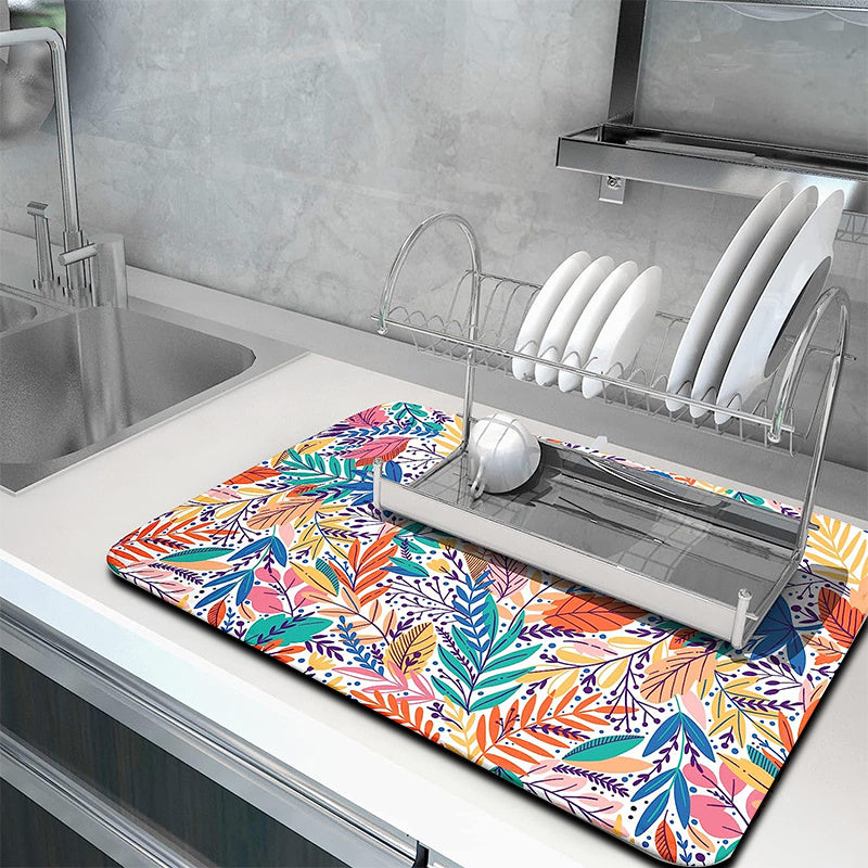 Polyester Drying Mat Kitchen Countertop Drain Pad Tropical Leaf Dish Drying Mat