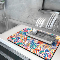 Polyester Drying Mat Kitchen Countertop Drain Pad Tropical Leaf Dish Drying Mat