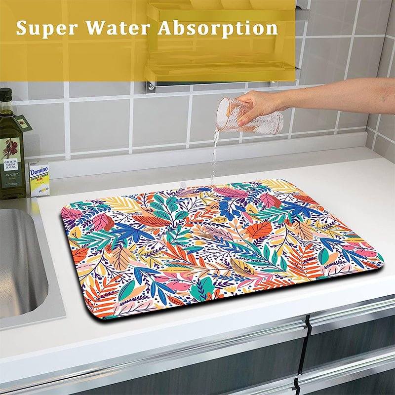 Polyester Drying Mat Kitchen Countertop Drain Pad Tropical Leaf Dish Drying Mat