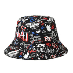 Black Cotton Graffiti Bucket Hat Unisex Sun Hat