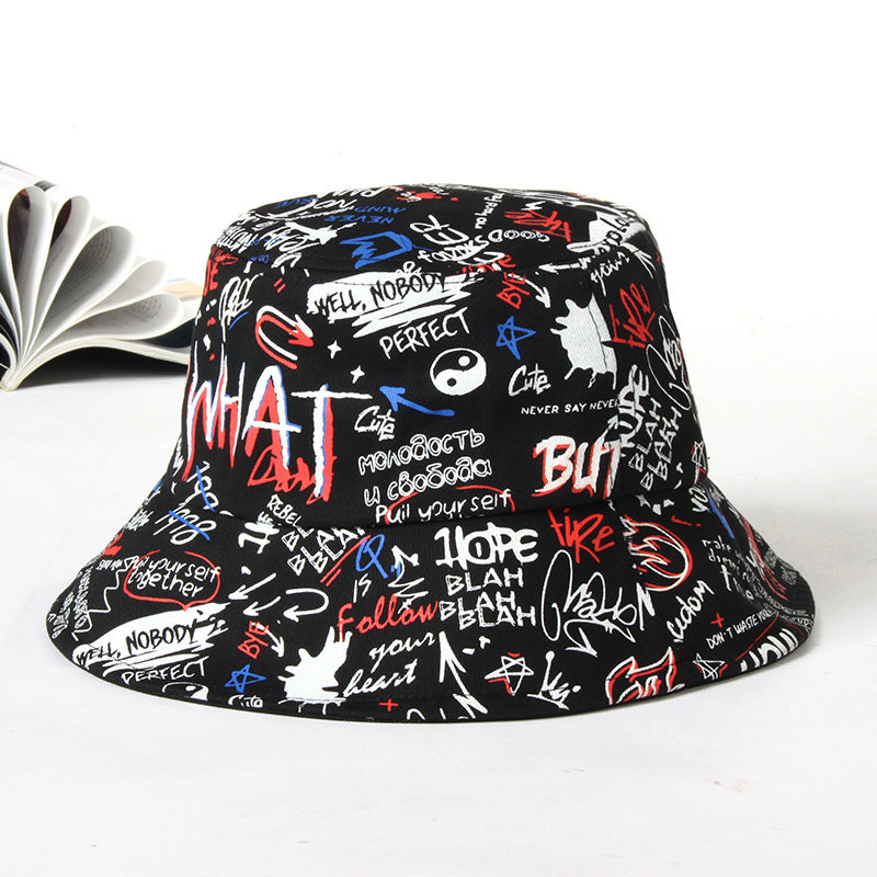 Black Cotton Graffiti Bucket Hat Unisex Sun Hat