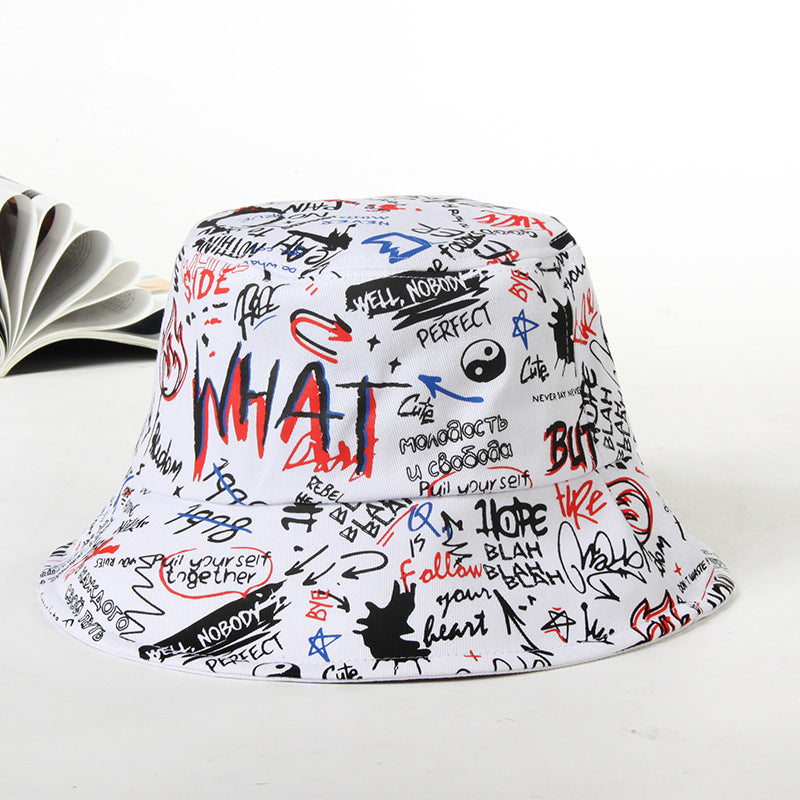 Black Cotton Graffiti Bucket Hat Unisex Sun Hat