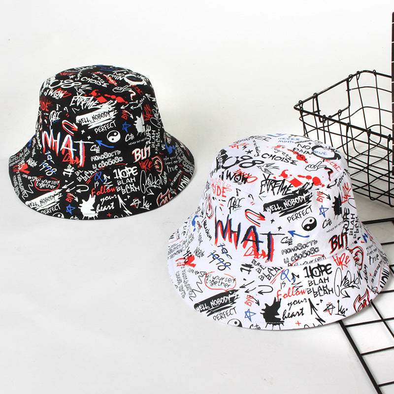 Black Cotton Graffiti Bucket Hat Unisex Sun Hat