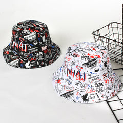 Black Cotton Graffiti Bucket Hat Unisex Sun Hat