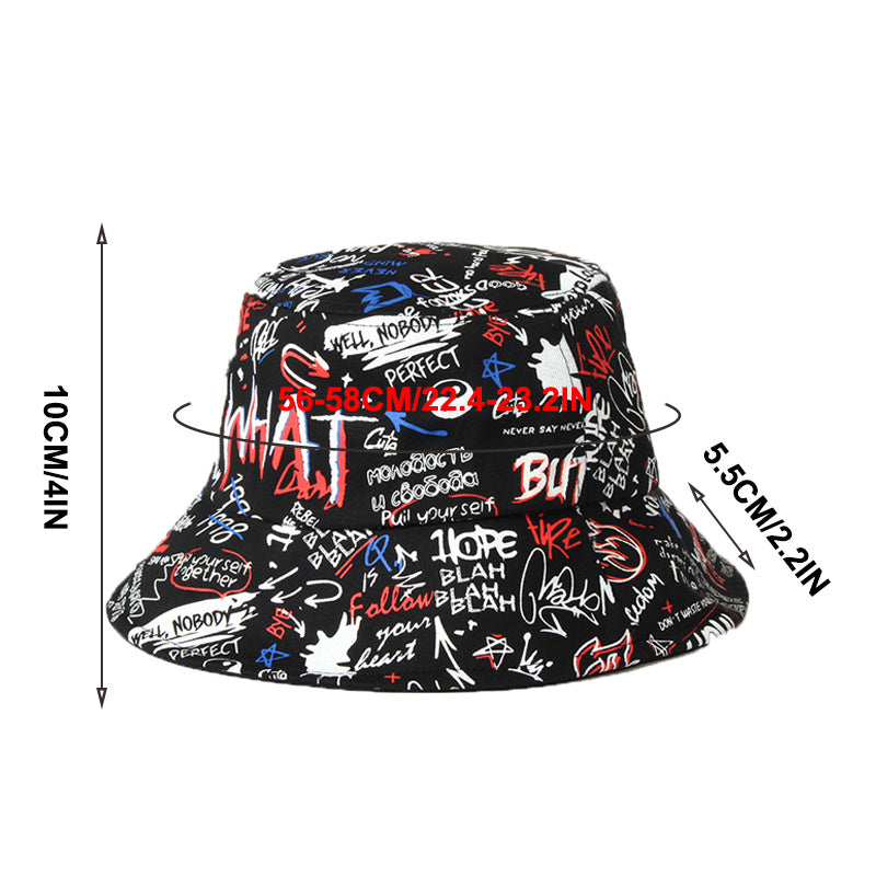 Black Cotton Graffiti Bucket Hat Unisex Sun Hat