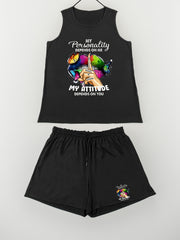 Cartoon Print Tank Top & Shorts Pajama Set Women's Casual Loungewear