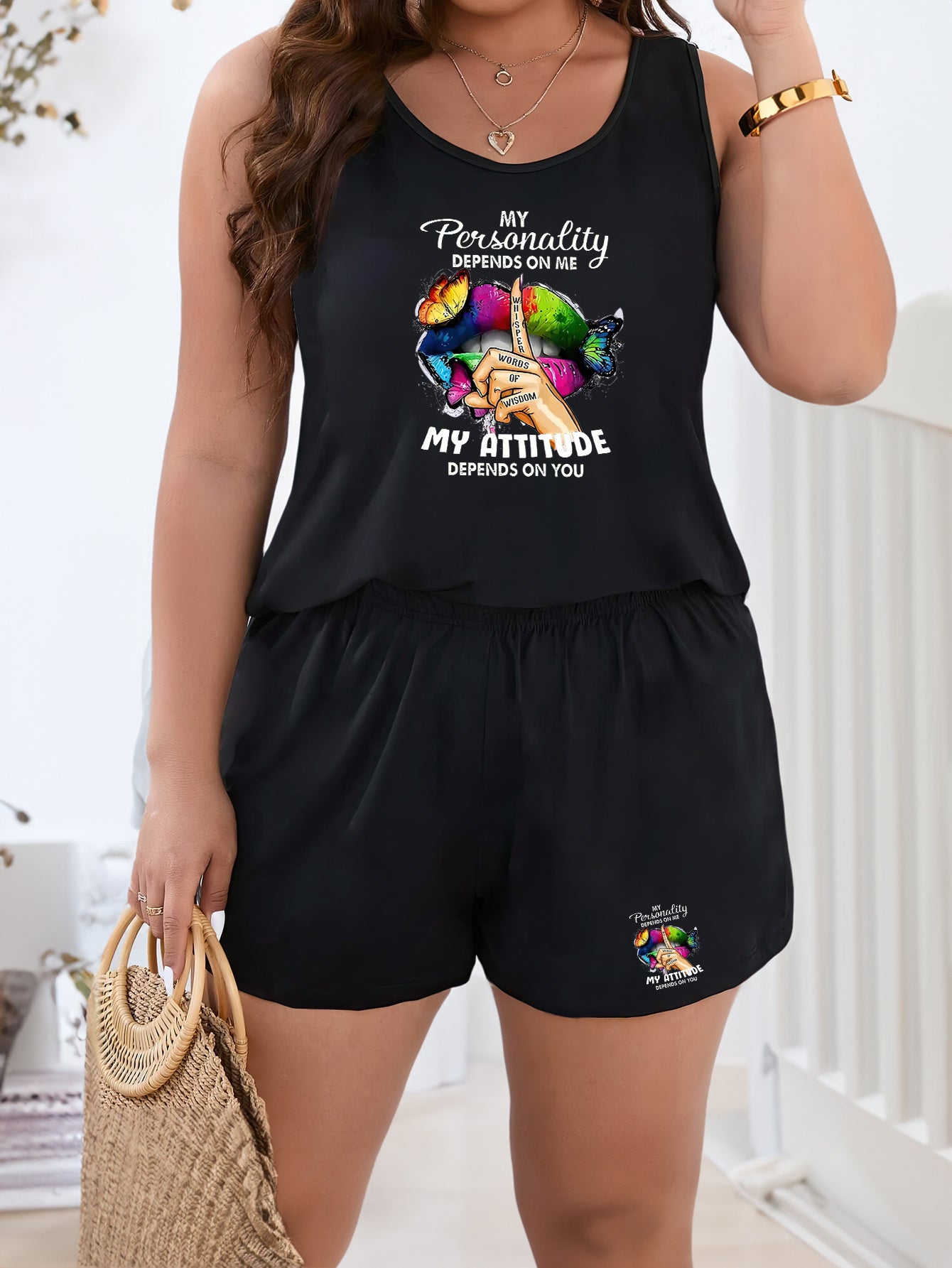 Cartoon Print Tank Top & Shorts Pajama Set Women's Casual Loungewear
