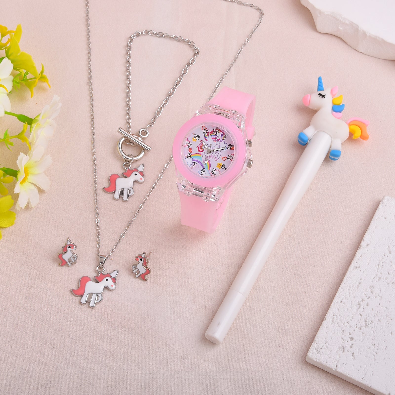 Cartoon Unicorn LED Quartz Watch With Soft Silicone Strap & 6pcs Gift Set